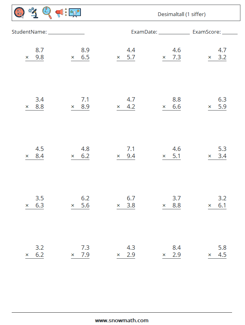 (25) Desimaltall (1 siffer) MathWorksheets 17