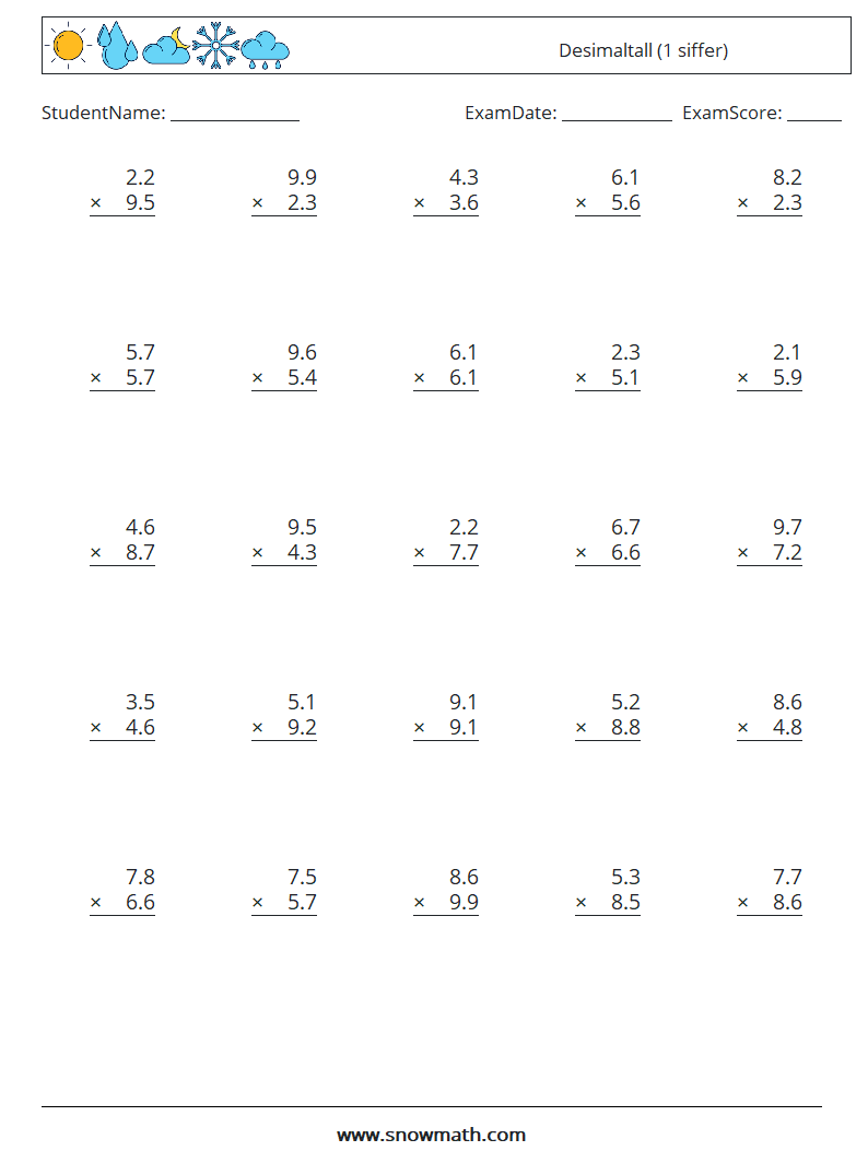 (25) Desimaltall (1 siffer) MathWorksheets 4