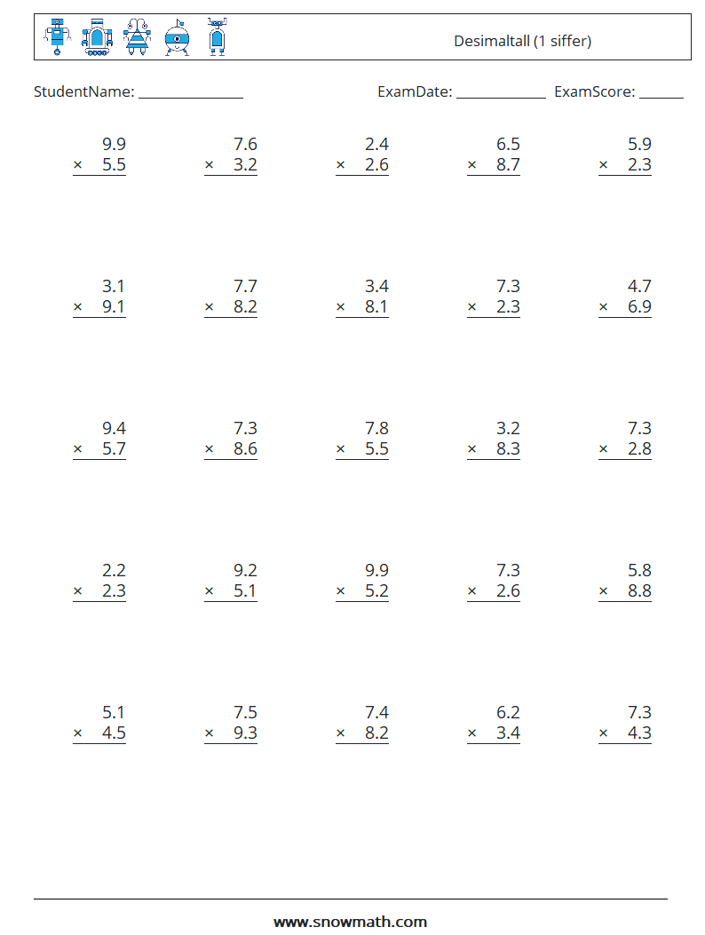 (25) Desimaltall (1 siffer) MathWorksheets 5