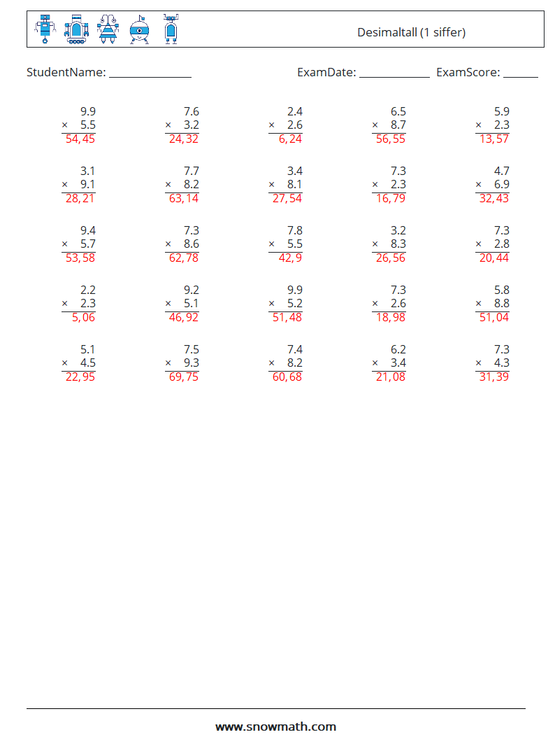 (25) Desimaltall (1 siffer) MathWorksheets 5 QuestionAnswer