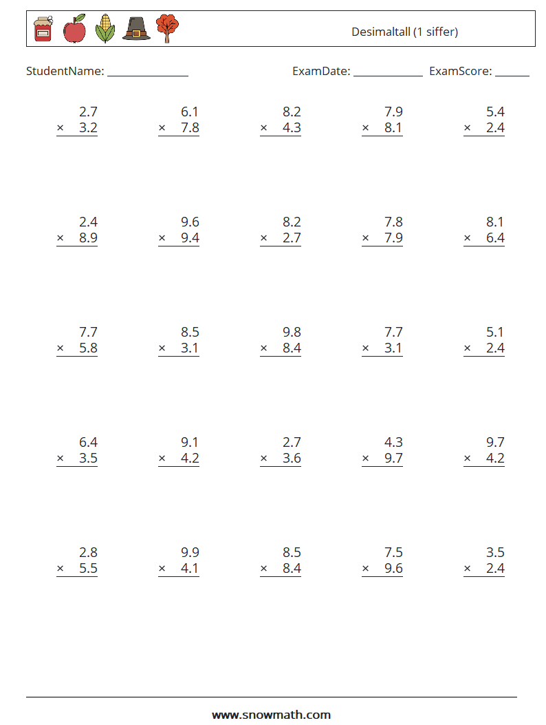 (25) Desimaltall (1 siffer) MathWorksheets 6