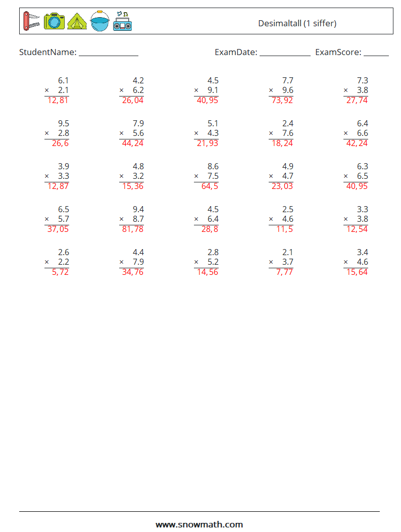 (25) Desimaltall (1 siffer) MathWorksheets 7 QuestionAnswer