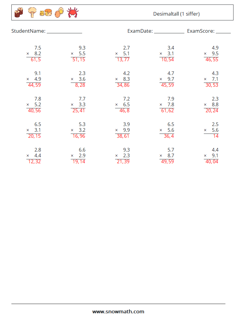 (25) Desimaltall (1 siffer) MathWorksheets 9 QuestionAnswer