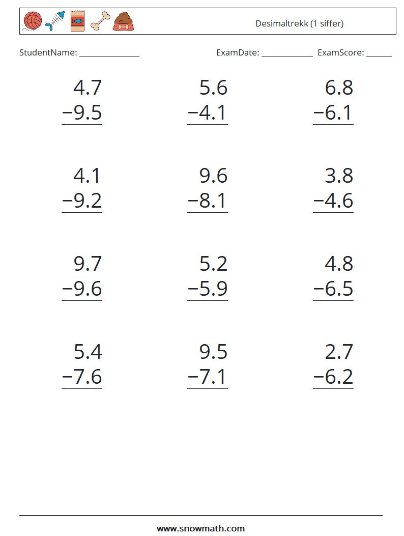 (12) Desimaltrekk (1 siffer) MathWorksheets 11