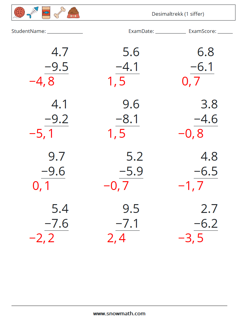 (12) Desimaltrekk (1 siffer) MathWorksheets 11 QuestionAnswer