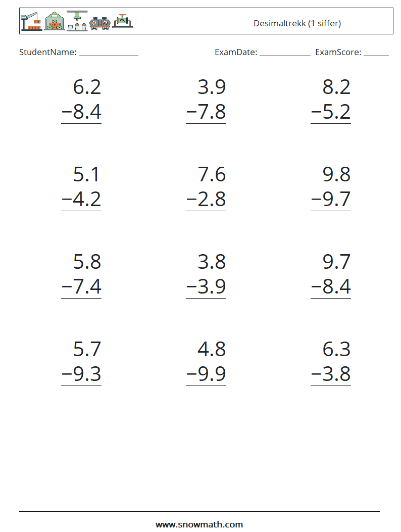 (12) Desimaltrekk (1 siffer) MathWorksheets 12