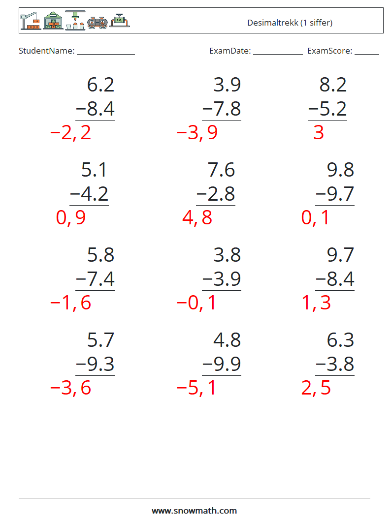 (12) Desimaltrekk (1 siffer) MathWorksheets 12 QuestionAnswer