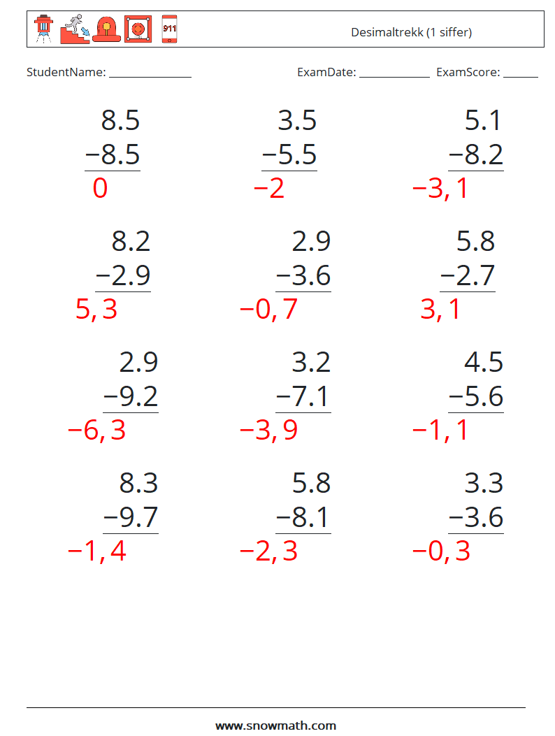 (12) Desimaltrekk (1 siffer) MathWorksheets 13 QuestionAnswer