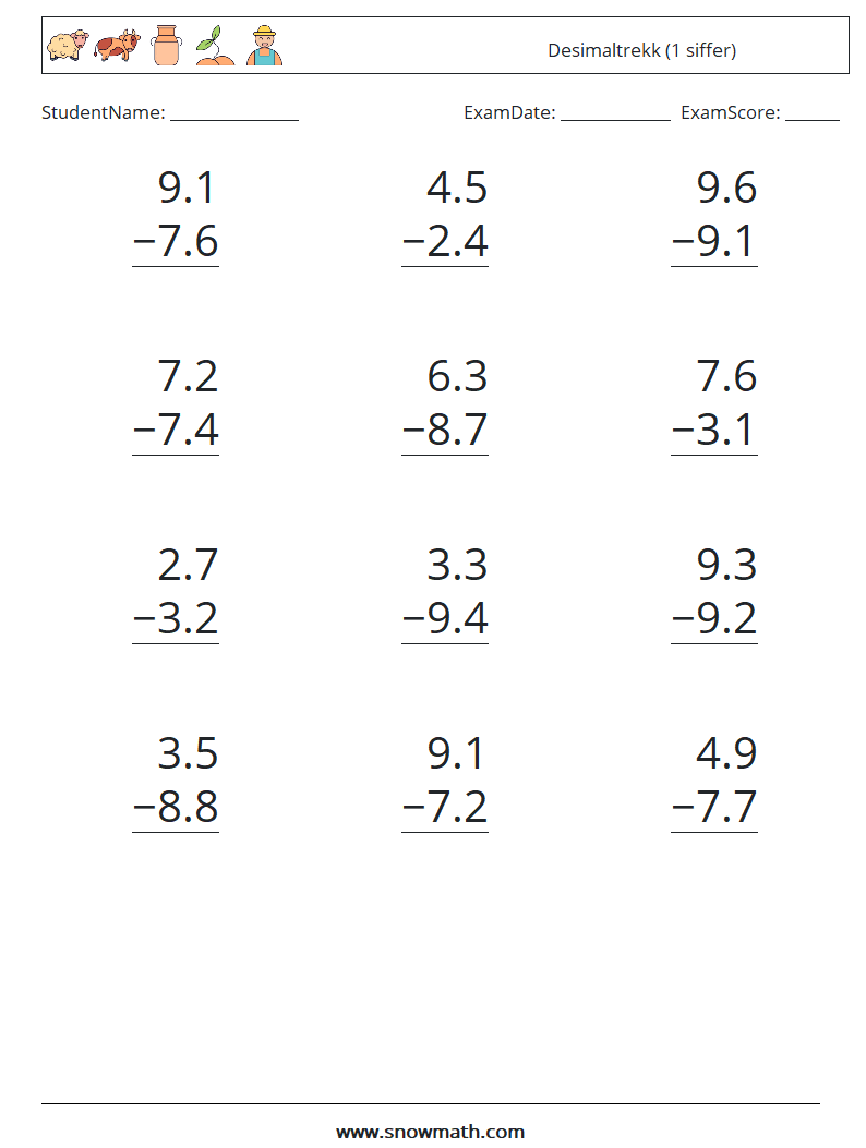 (12) Desimaltrekk (1 siffer) MathWorksheets 14