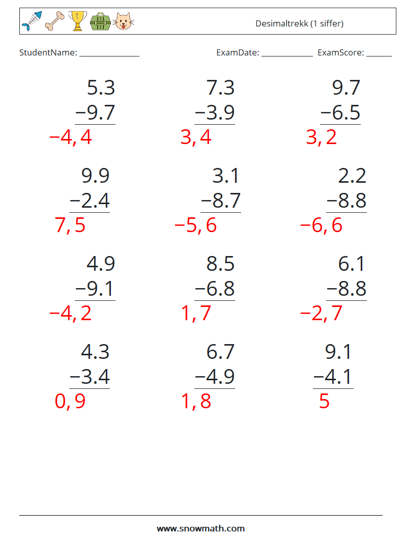 (12) Desimaltrekk (1 siffer) MathWorksheets 15 QuestionAnswer