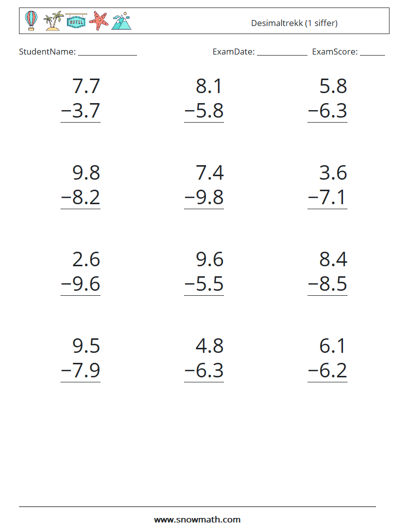 (12) Desimaltrekk (1 siffer) MathWorksheets 16