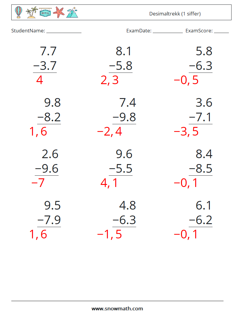 (12) Desimaltrekk (1 siffer) MathWorksheets 16 QuestionAnswer