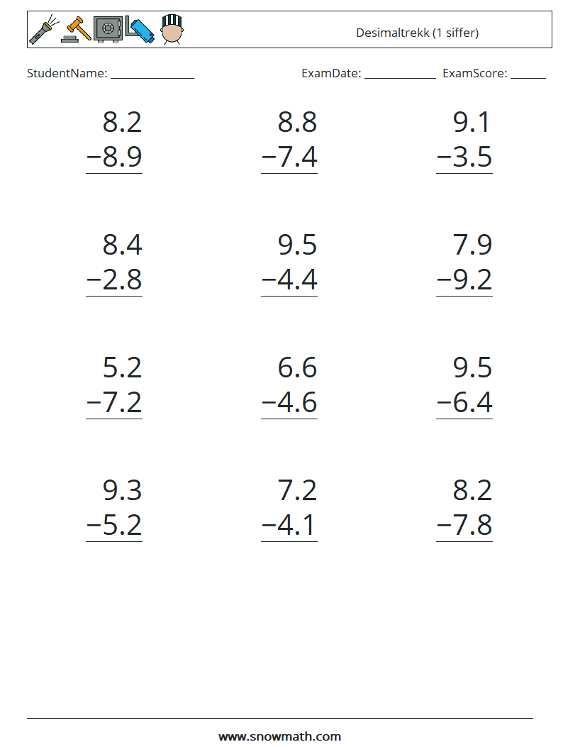 (12) Desimaltrekk (1 siffer) MathWorksheets 17