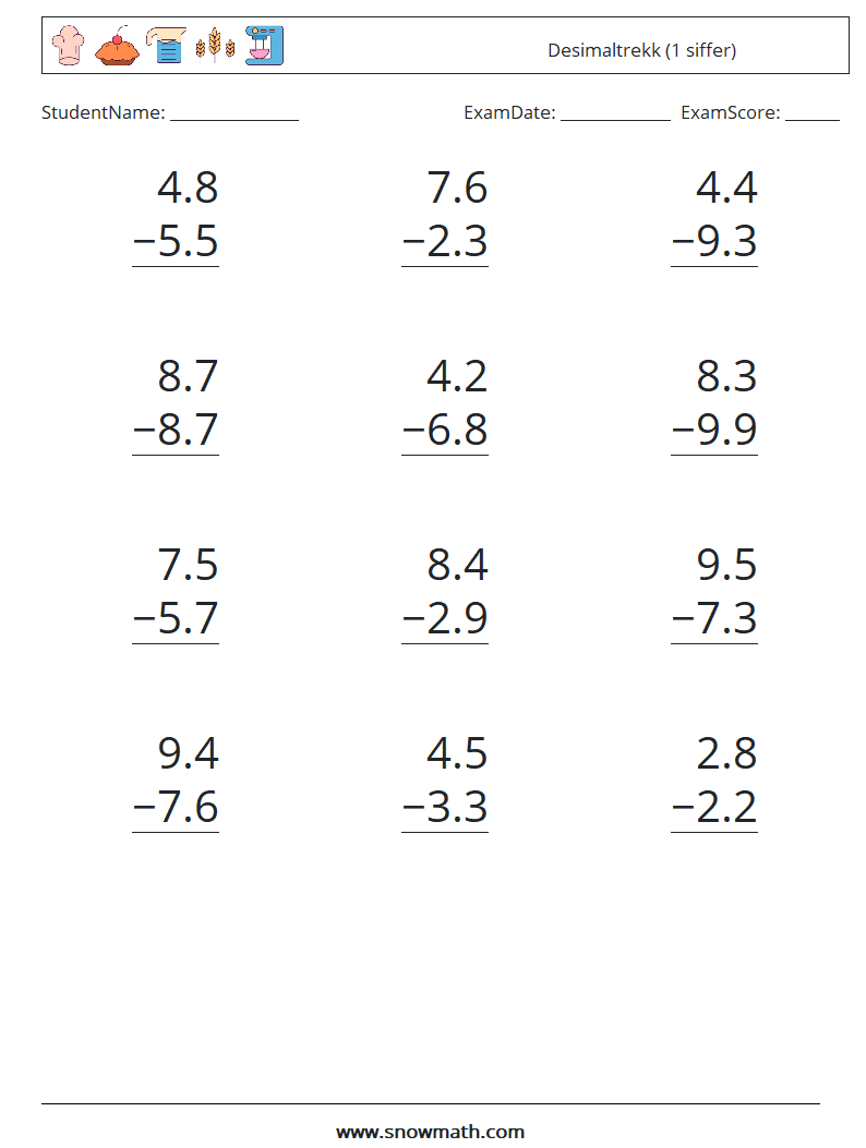 (12) Desimaltrekk (1 siffer) MathWorksheets 18