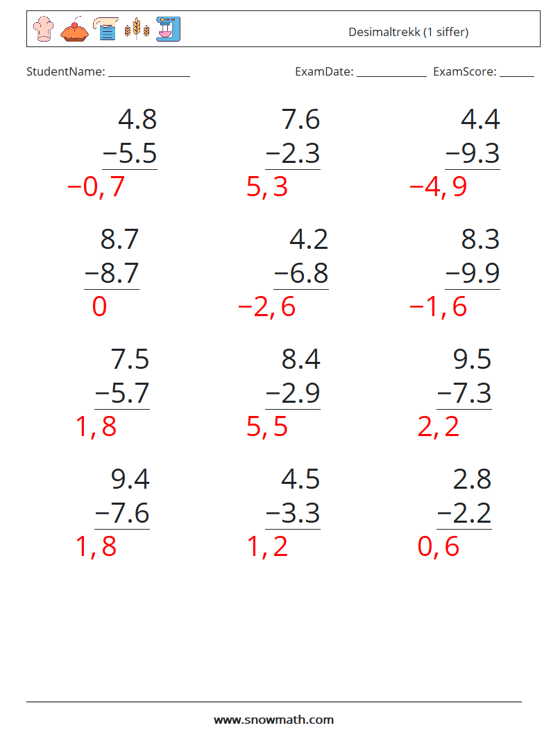 (12) Desimaltrekk (1 siffer) MathWorksheets 18 QuestionAnswer