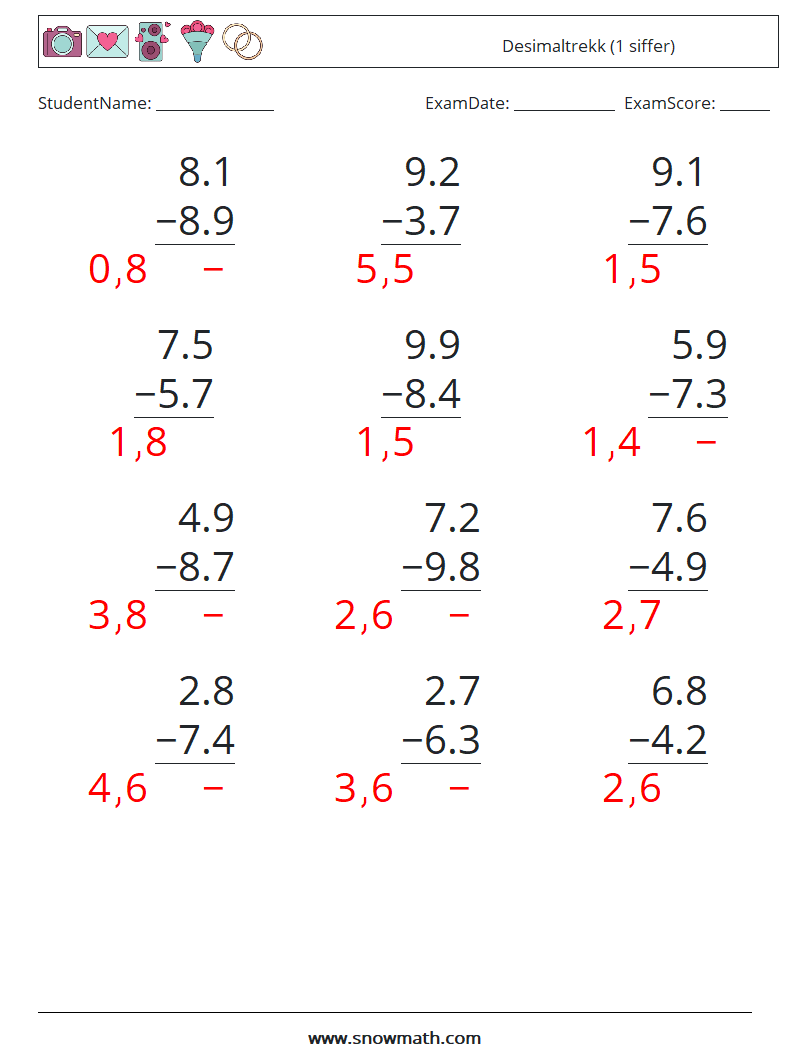 (12) Desimaltrekk (1 siffer) MathWorksheets 1 QuestionAnswer