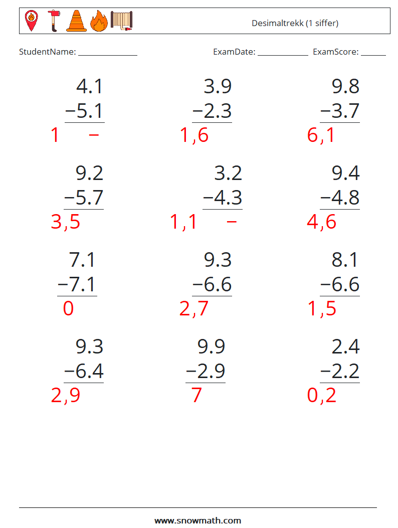 (12) Desimaltrekk (1 siffer) MathWorksheets 2 QuestionAnswer
