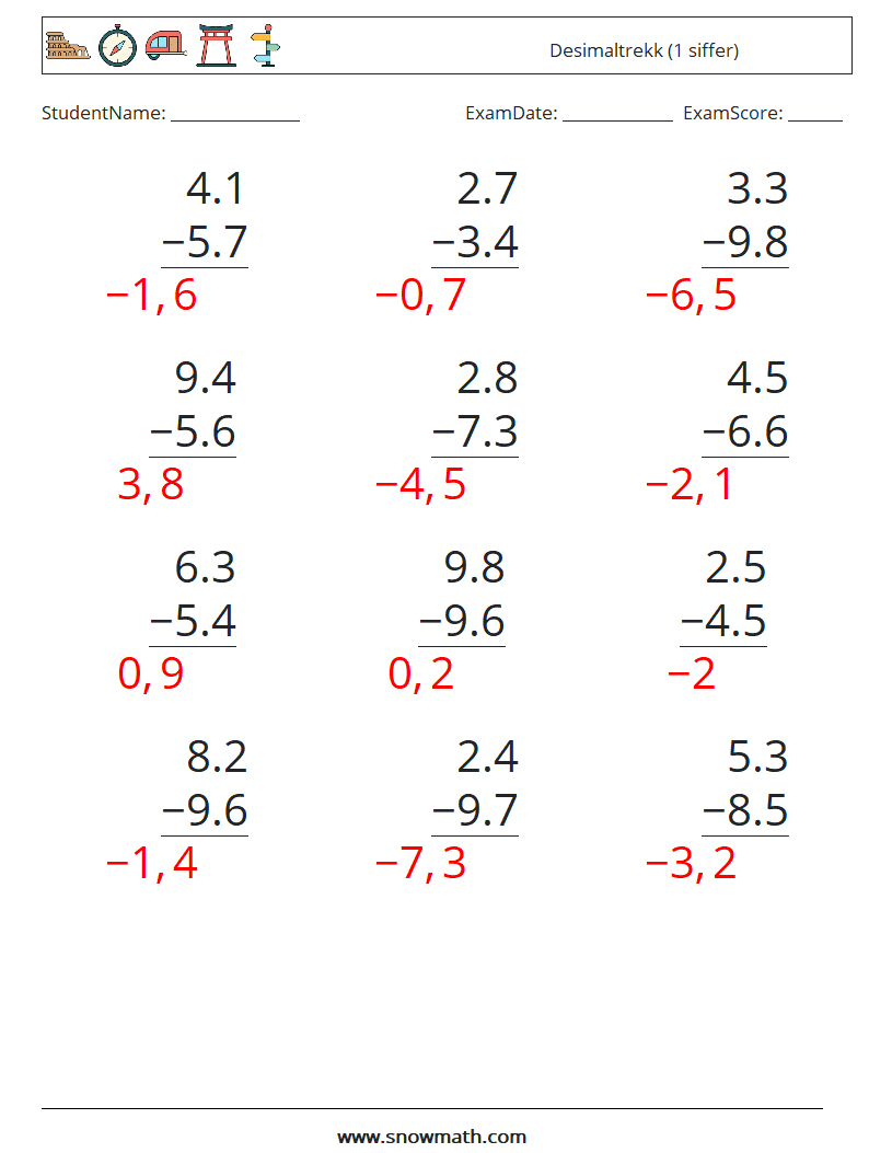 (12) Desimaltrekk (1 siffer) MathWorksheets 3 QuestionAnswer