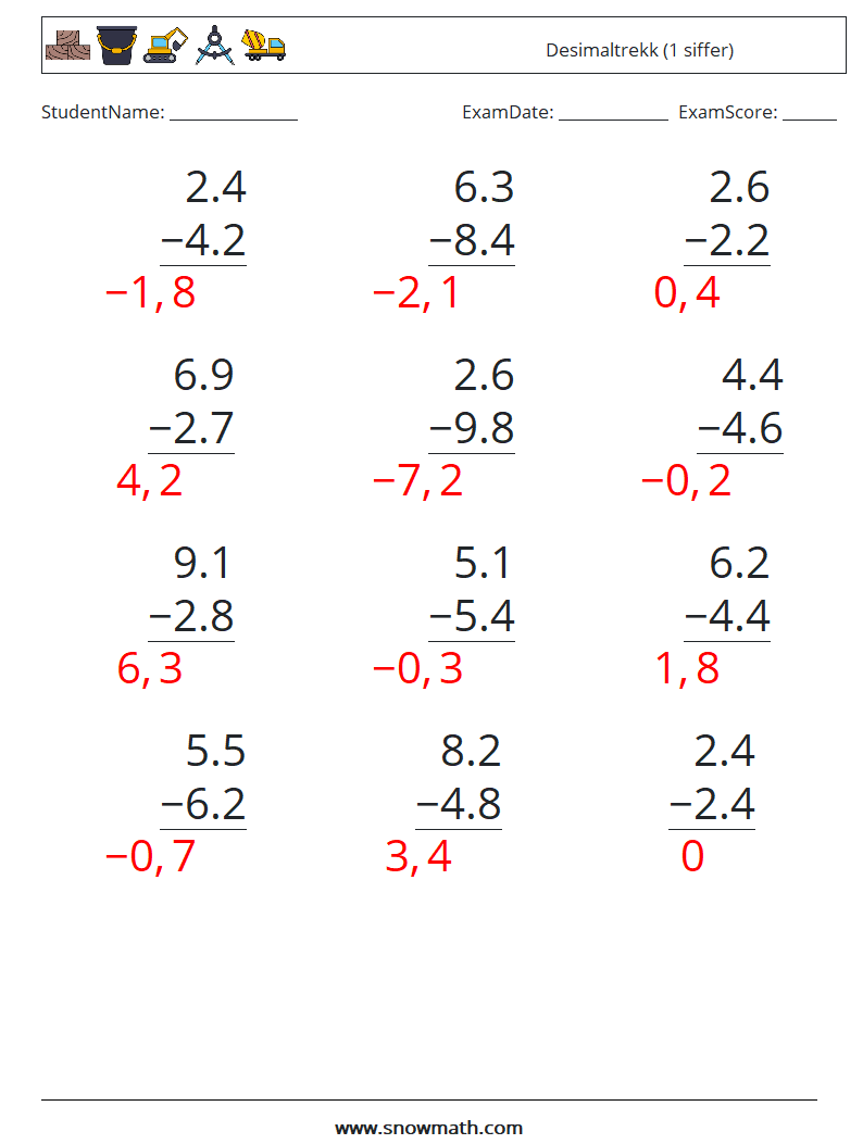 (12) Desimaltrekk (1 siffer) MathWorksheets 4 QuestionAnswer