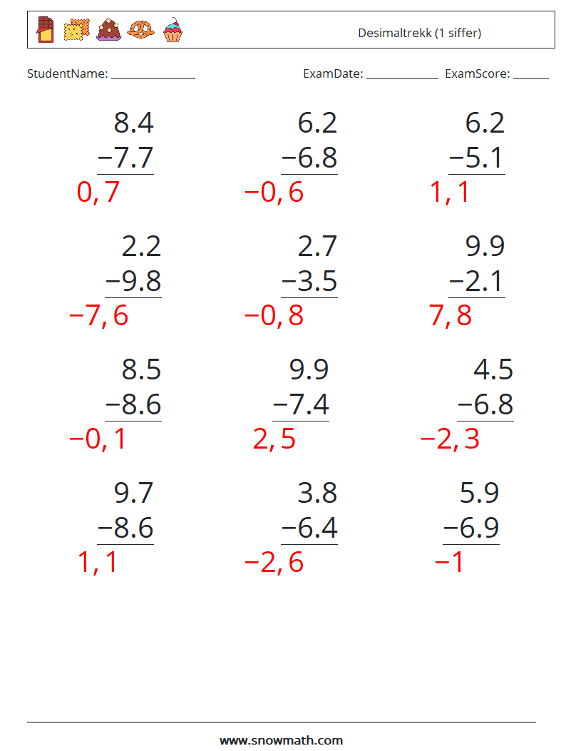 (12) Desimaltrekk (1 siffer) MathWorksheets 5 QuestionAnswer