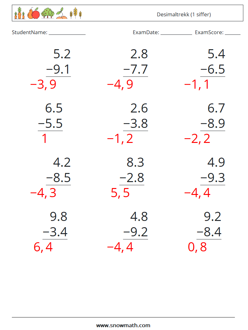 (12) Desimaltrekk (1 siffer) MathWorksheets 6 QuestionAnswer