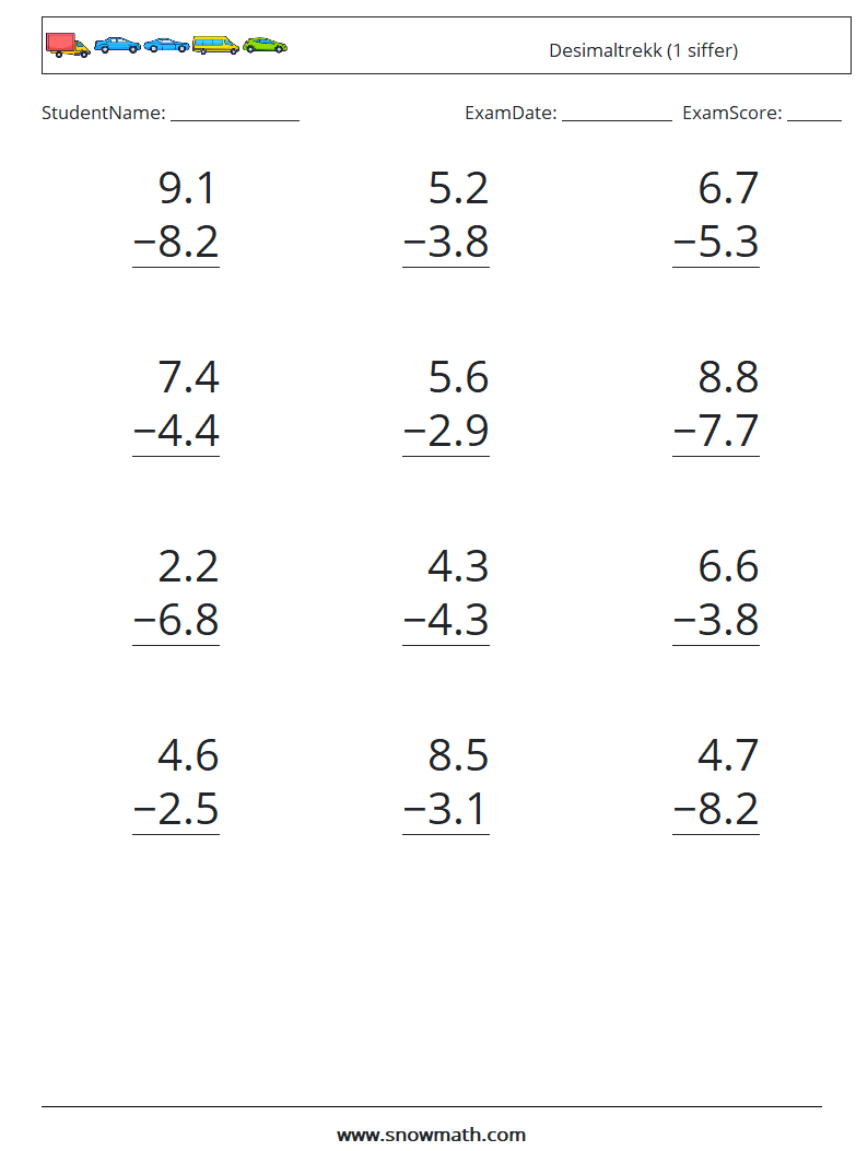 (12) Desimaltrekk (1 siffer) MathWorksheets 7