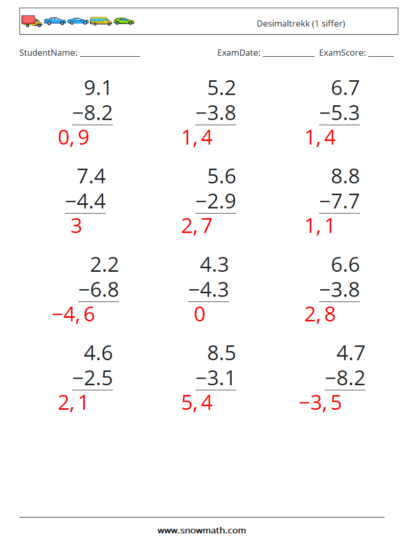 (12) Desimaltrekk (1 siffer) MathWorksheets 7 QuestionAnswer