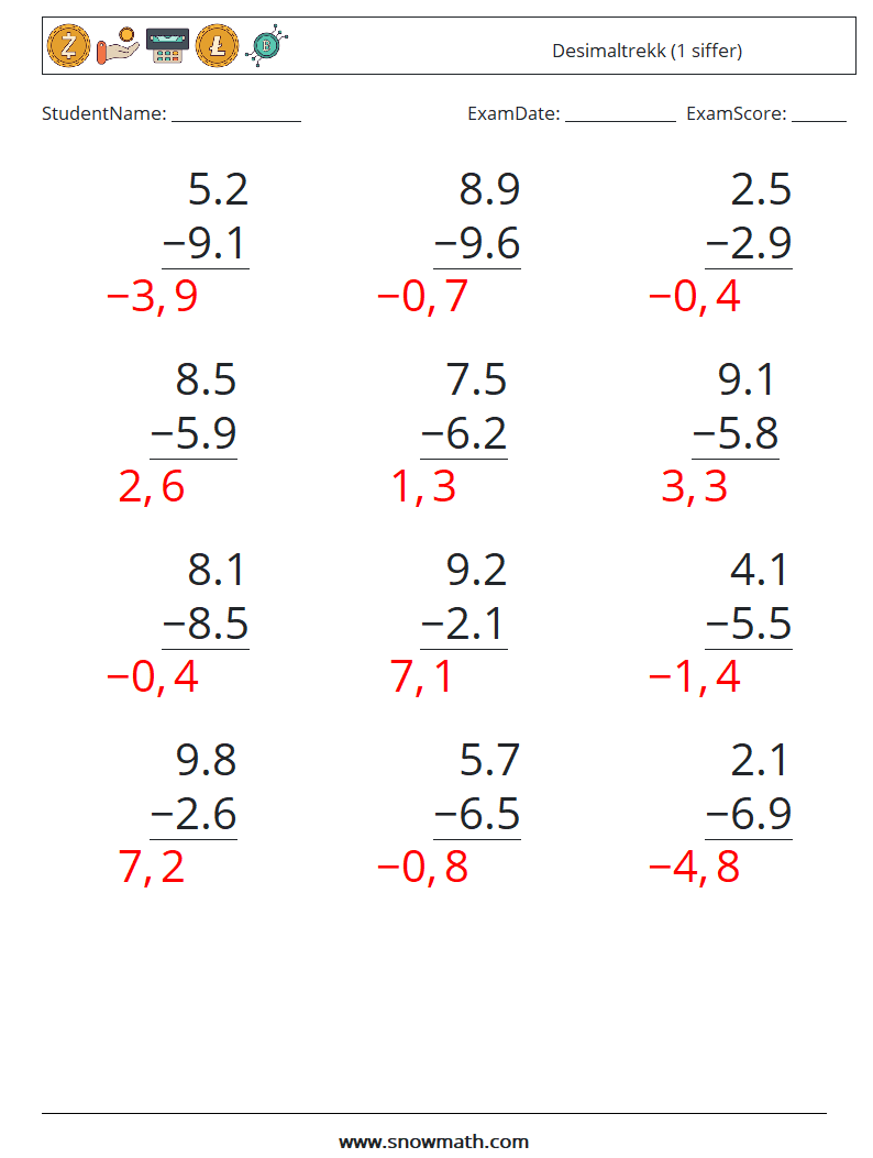 (12) Desimaltrekk (1 siffer) MathWorksheets 8 QuestionAnswer