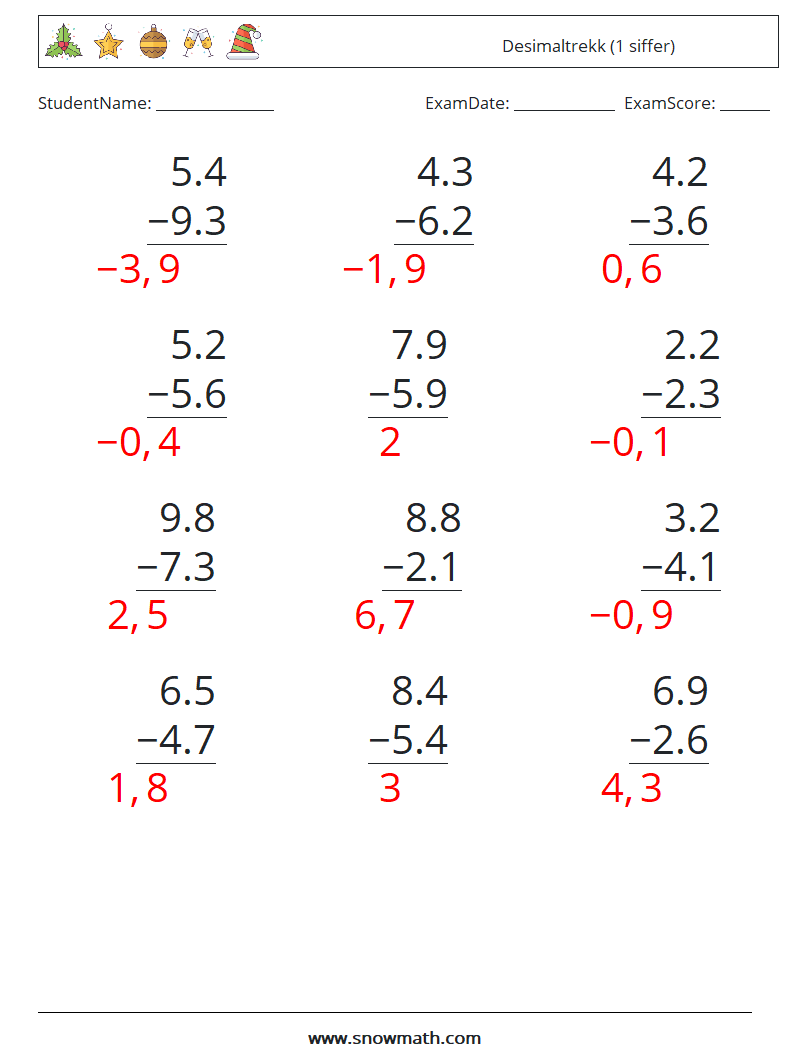 (12) Desimaltrekk (1 siffer) MathWorksheets 9 QuestionAnswer