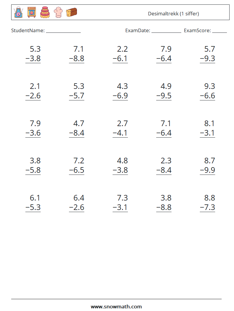 (25) Desimaltrekk (1 siffer) MathWorksheets 1