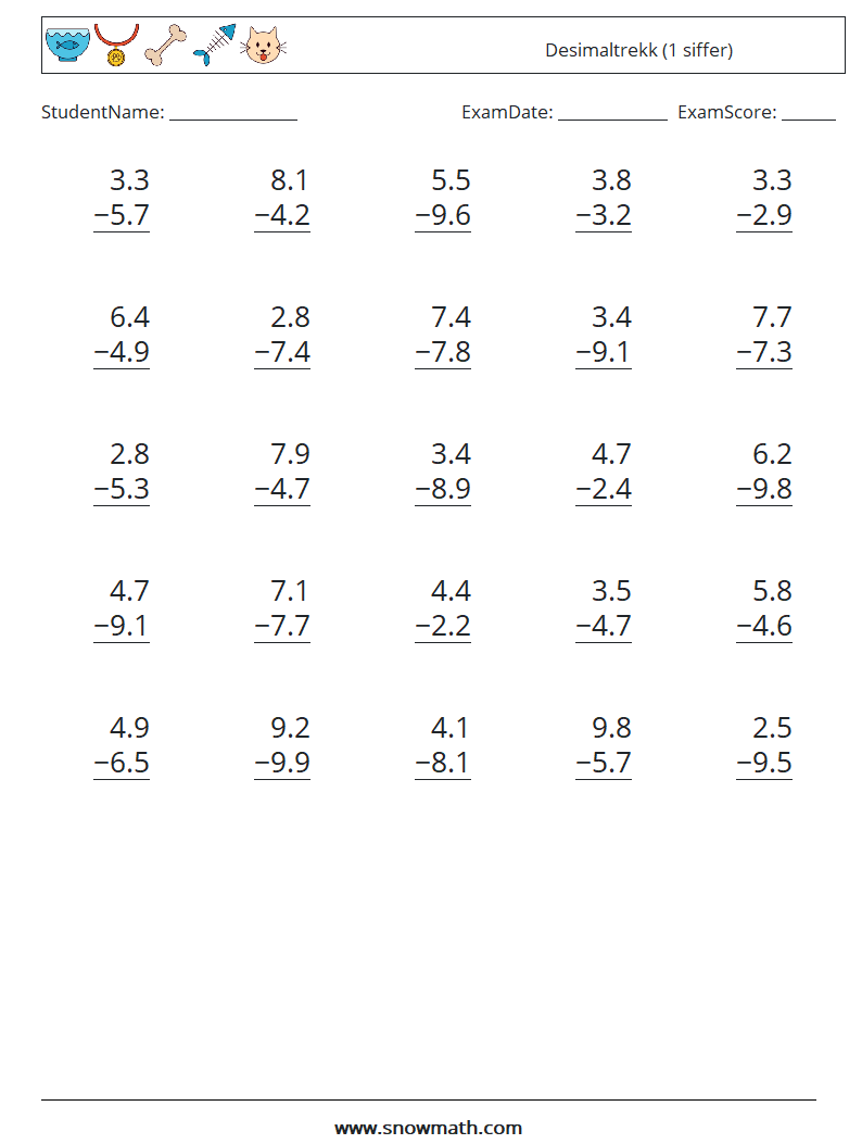 (25) Desimaltrekk (1 siffer) MathWorksheets 6