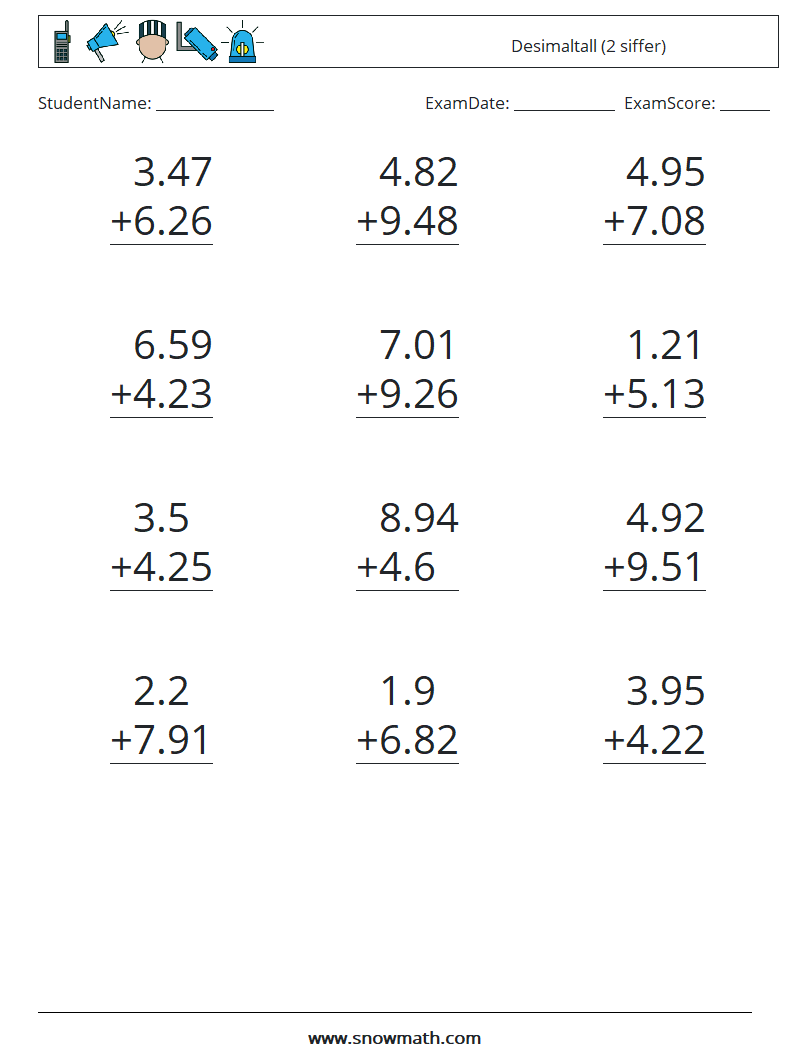 (12) Desimaltall (2 siffer) MathWorksheets 1