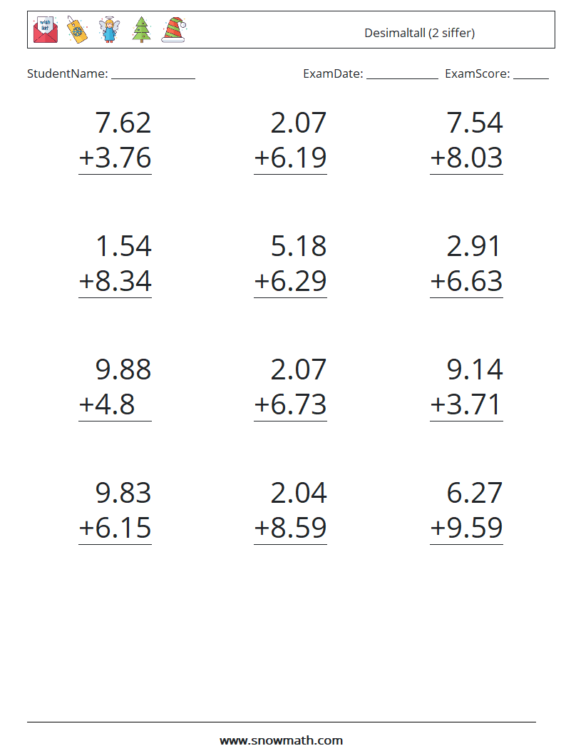 (12) Desimaltall (2 siffer) MathWorksheets 10