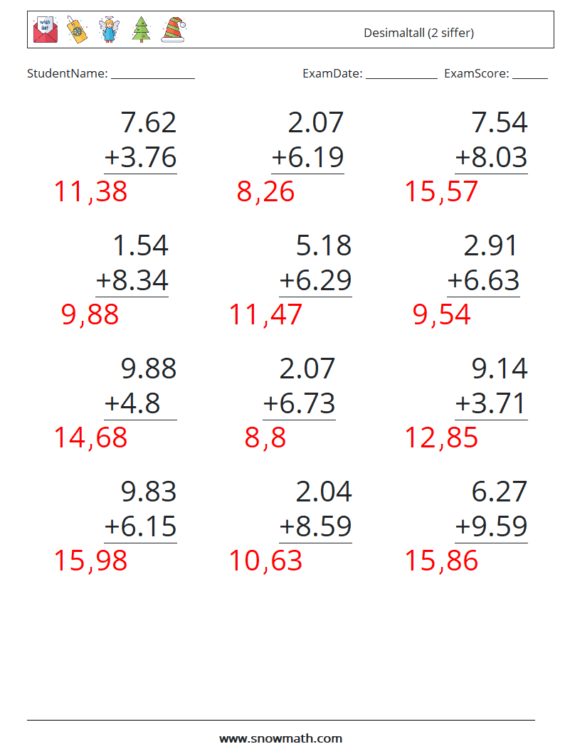 (12) Desimaltall (2 siffer) MathWorksheets 10 QuestionAnswer