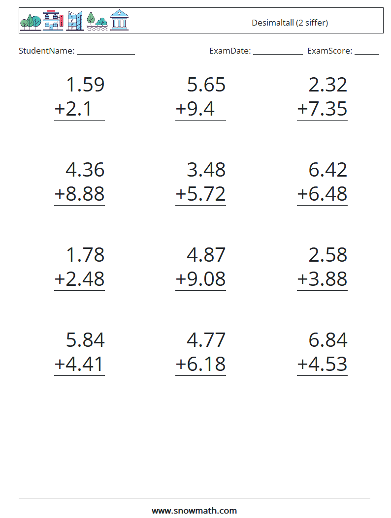 (12) Desimaltall (2 siffer) MathWorksheets 11