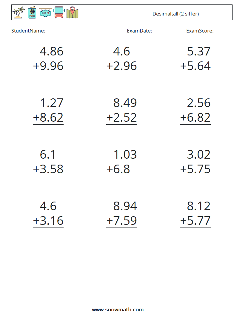 (12) Desimaltall (2 siffer) MathWorksheets 12