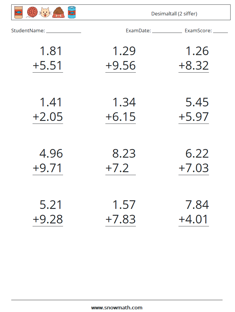 (12) Desimaltall (2 siffer) MathWorksheets 13