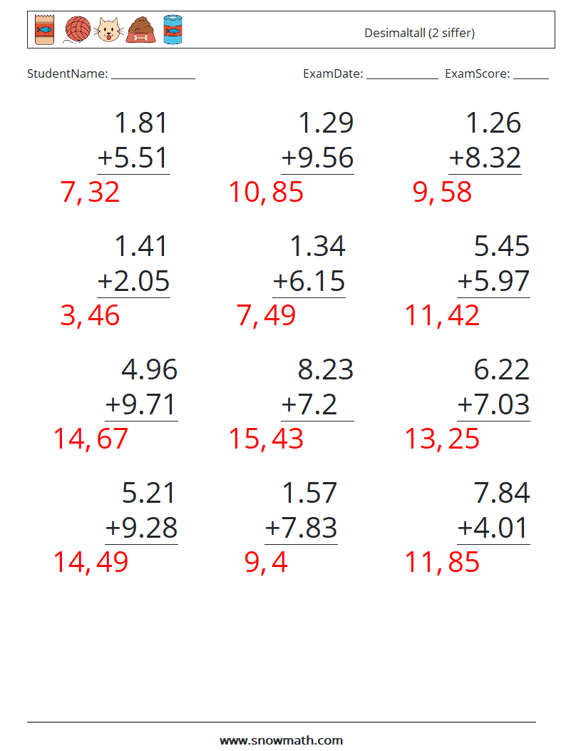 (12) Desimaltall (2 siffer) MathWorksheets 13 QuestionAnswer