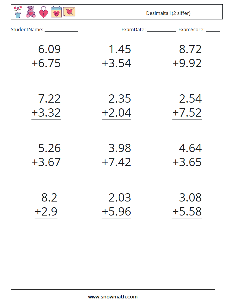 (12) Desimaltall (2 siffer) MathWorksheets 14