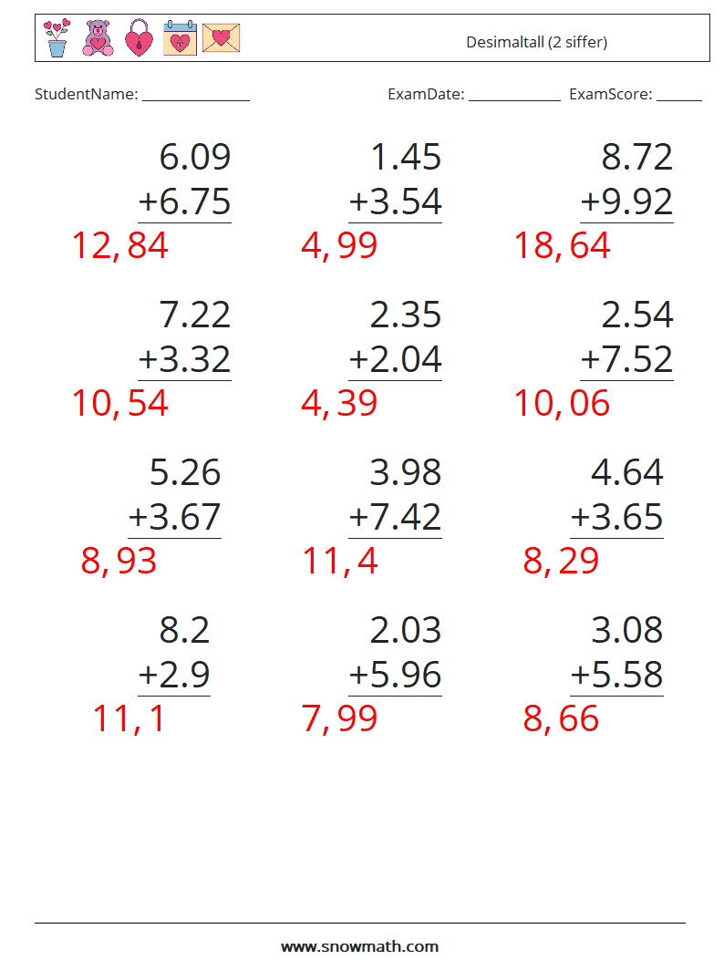 (12) Desimaltall (2 siffer) MathWorksheets 14 QuestionAnswer