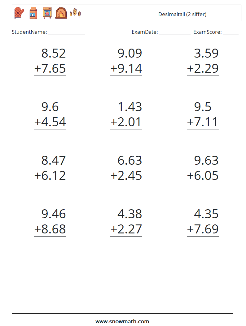 (12) Desimaltall (2 siffer) MathWorksheets 15