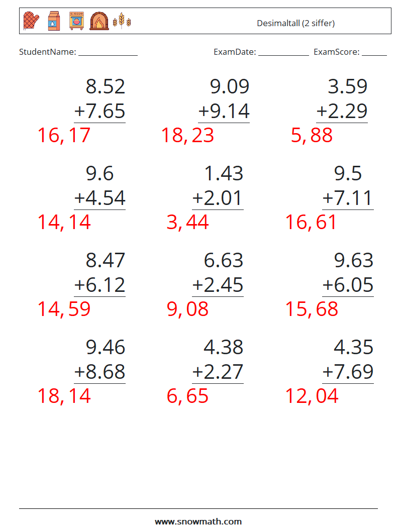 (12) Desimaltall (2 siffer) MathWorksheets 15 QuestionAnswer