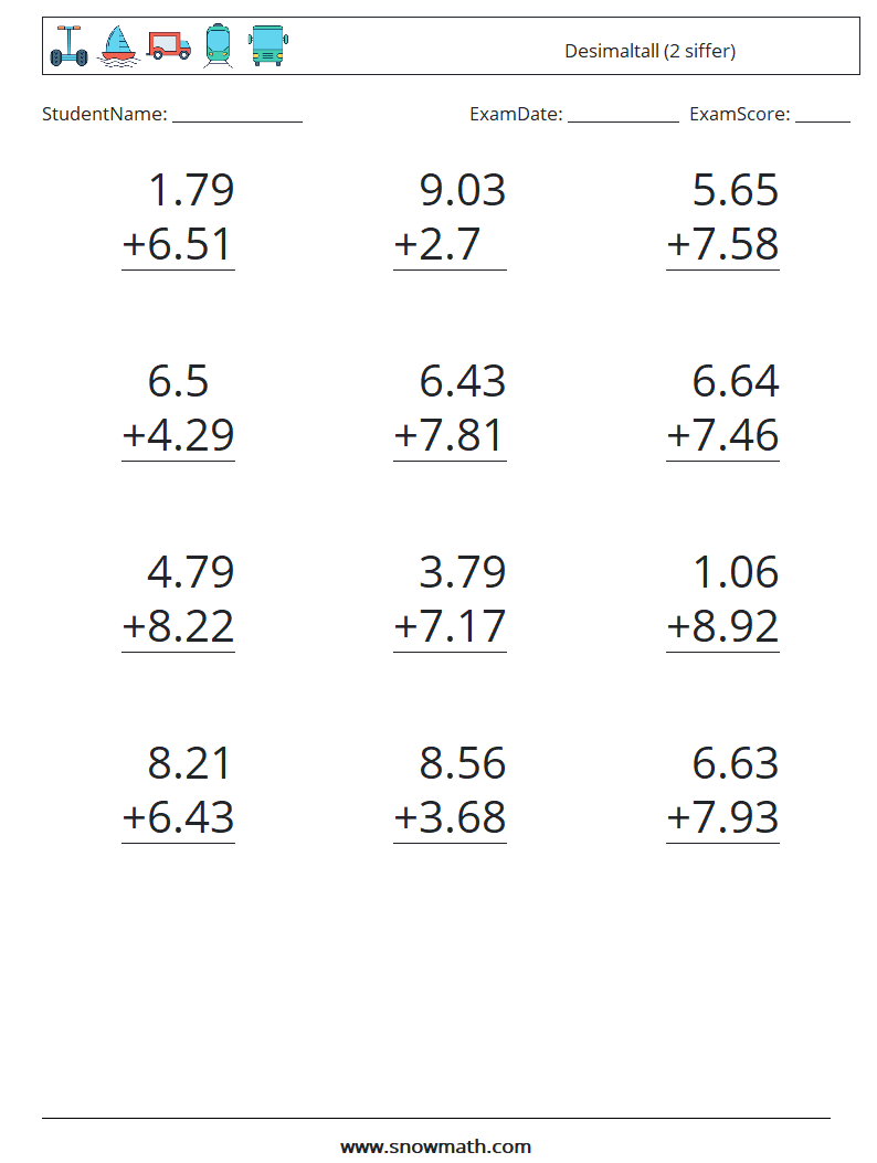 (12) Desimaltall (2 siffer) MathWorksheets 16