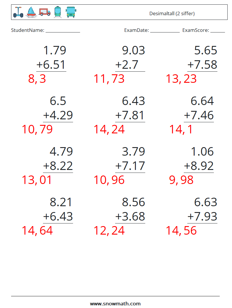 (12) Desimaltall (2 siffer) MathWorksheets 16 QuestionAnswer