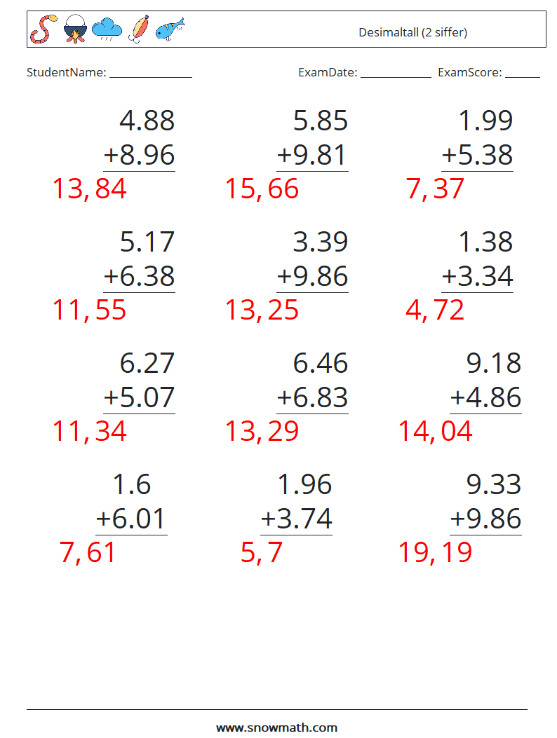 (12) Desimaltall (2 siffer) MathWorksheets 17 QuestionAnswer