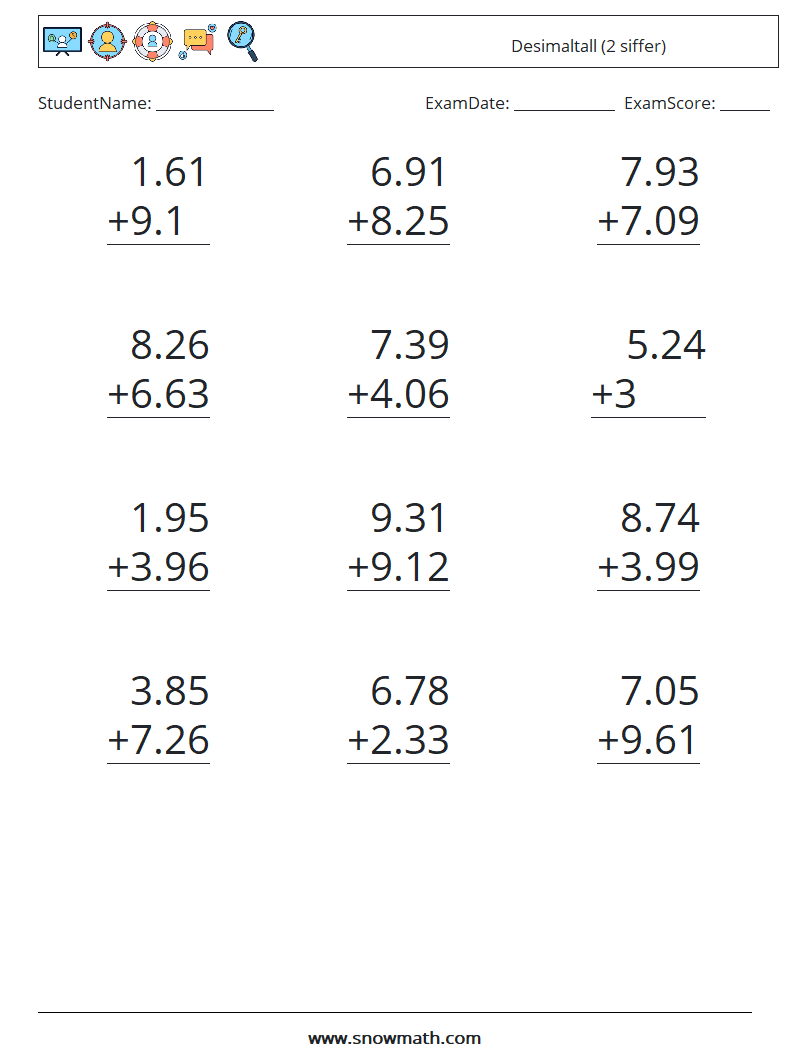 (12) Desimaltall (2 siffer) MathWorksheets 18