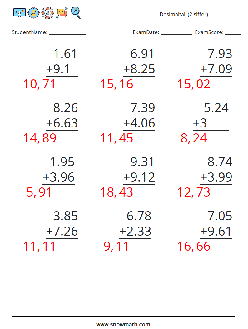 (12) Desimaltall (2 siffer) MathWorksheets 18 QuestionAnswer