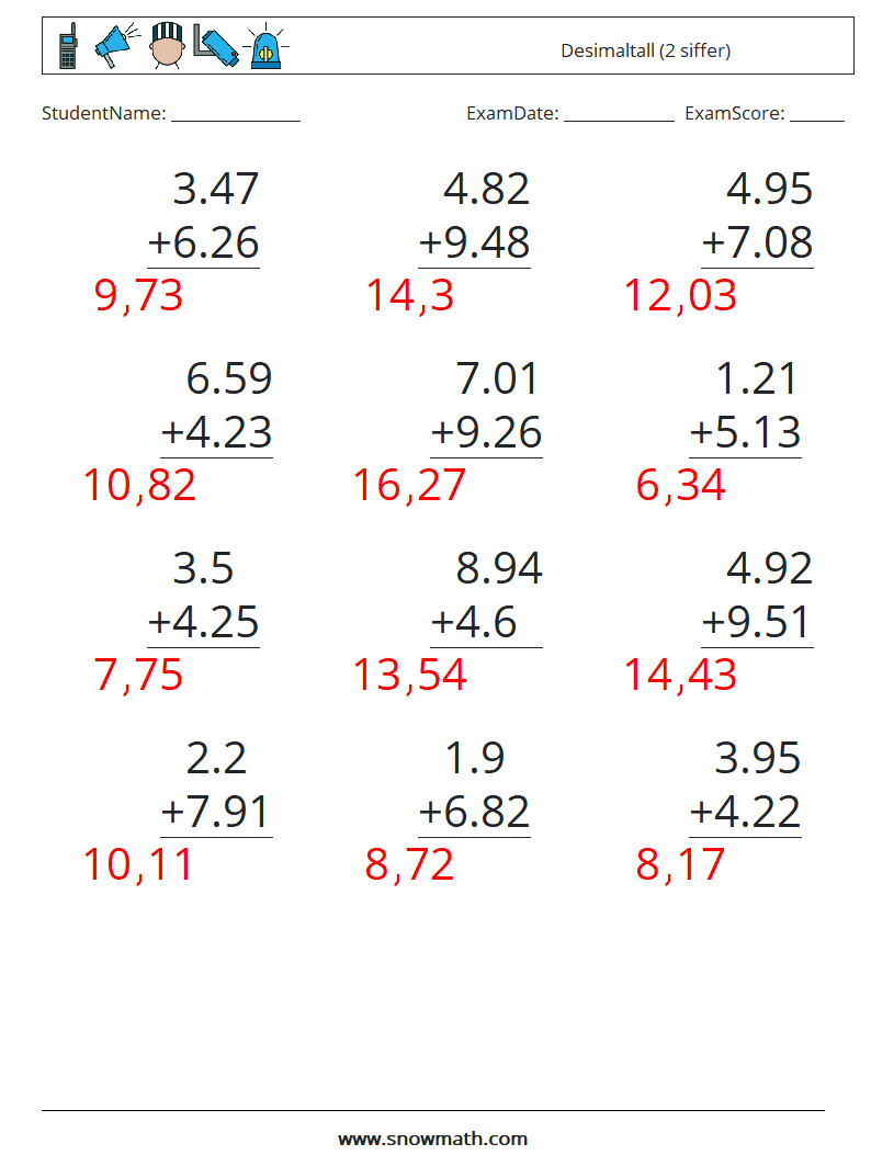 (12) Desimaltall (2 siffer) MathWorksheets 1 QuestionAnswer