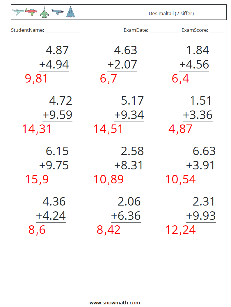 (12) Desimaltall (2 siffer) MathWorksheets 2 QuestionAnswer