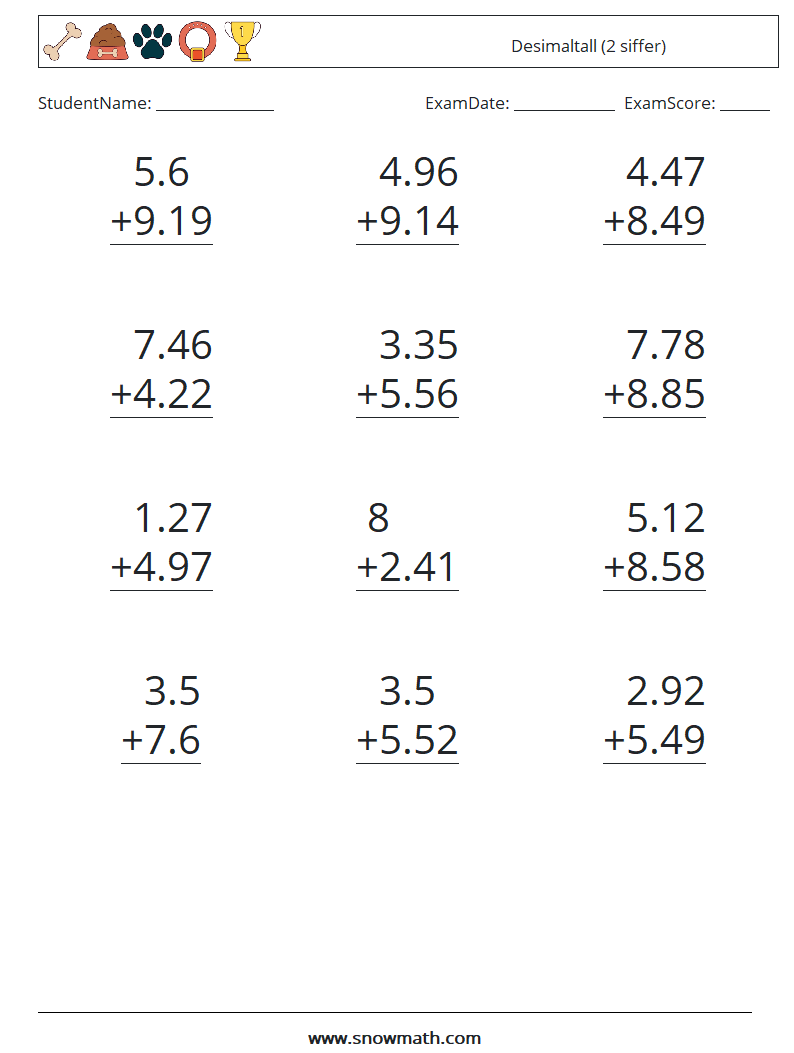 (12) Desimaltall (2 siffer) MathWorksheets 3